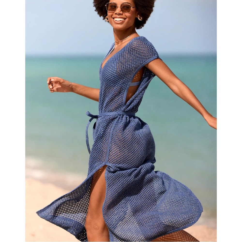 Aerie Blue Knit Swim Cover-Up – Open Knit Beach Maxi Dress Tie Waist